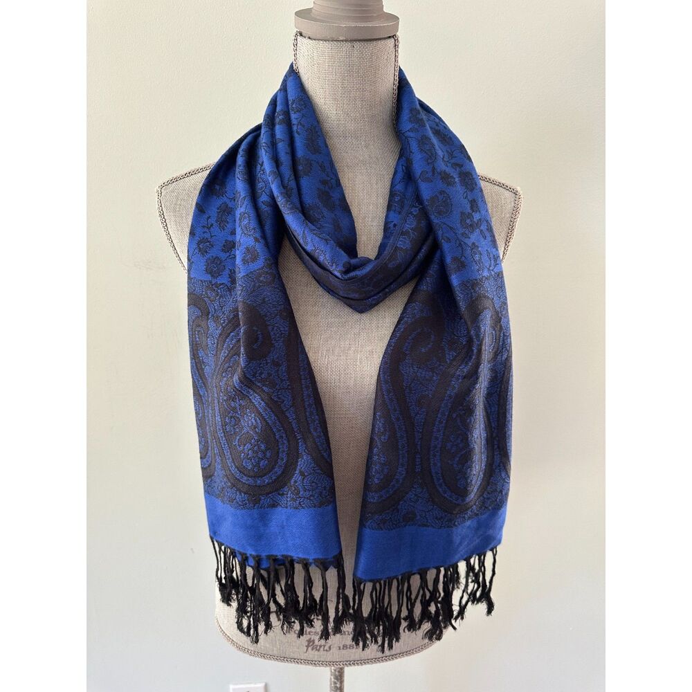 Vintage Blue Cashmere Shawl Scarf Wrap Paisley Jacquard Floral Fringed Oversized